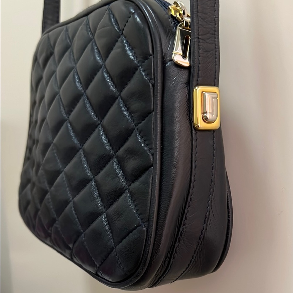 Judith Leiber Navy Blue Quilted Crossbody Bag with Diamond Pattern Kid Leather - Picture 5 of 7